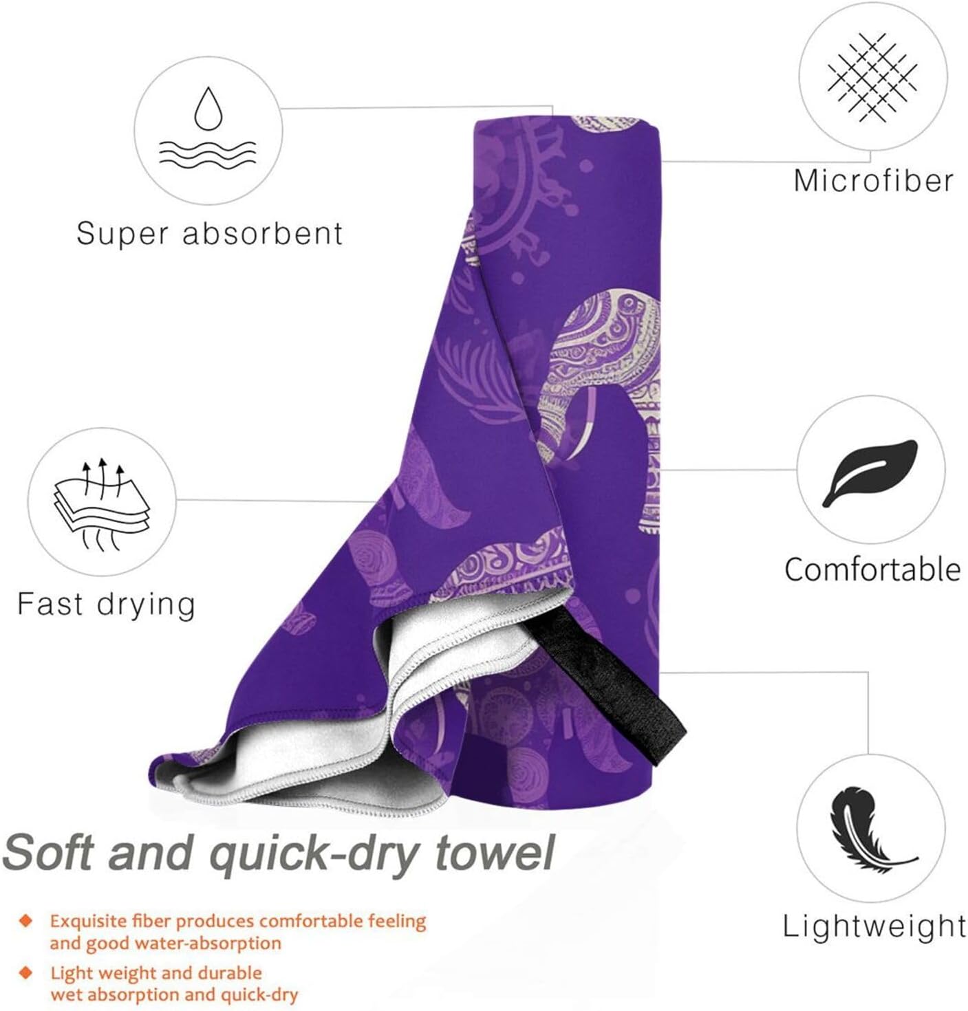 KHiry Microfiber Towel Beach Towels Purple Elephant Quick Dry Towel Soft Lightweight Travel Towels Absorbent Large Easy Pack Travel Things Beach Blanket for Gym Sports Swimming