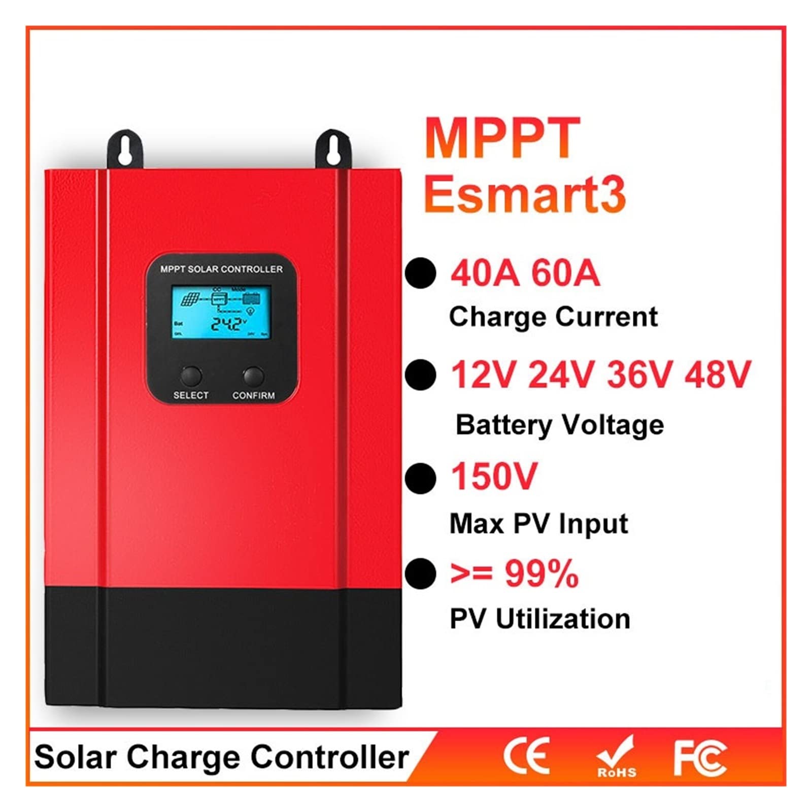 60A 40A MPPT Regolatore solare 48V/36V/24V/12V Retroilluminazione automatica LCD Max 150VDC Ingresso Risparmio energetico Porta Wifi RS485(30A)