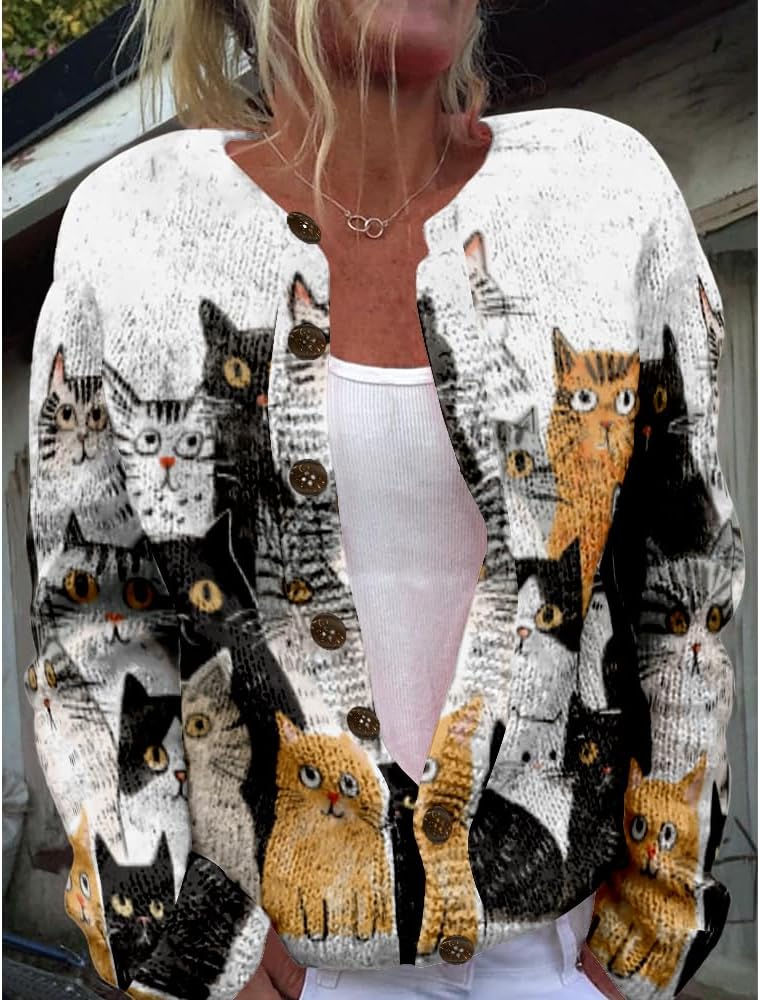 Cat Sweaters for Women Cute Button Up Cardigan Oversized 2024 Fall Fashion Crewneck Dressy Trendy Tunic Sweater - Image 2