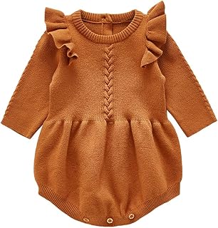 Newborn Infant Baby Girls Wool Knitted Romper Ruffle Long Sleeve Jumpsuit Playsuit Crochet One-Piece Toddler Princess Sweater Plain Colour Bodysuit Autumn Winter Casual Clothing