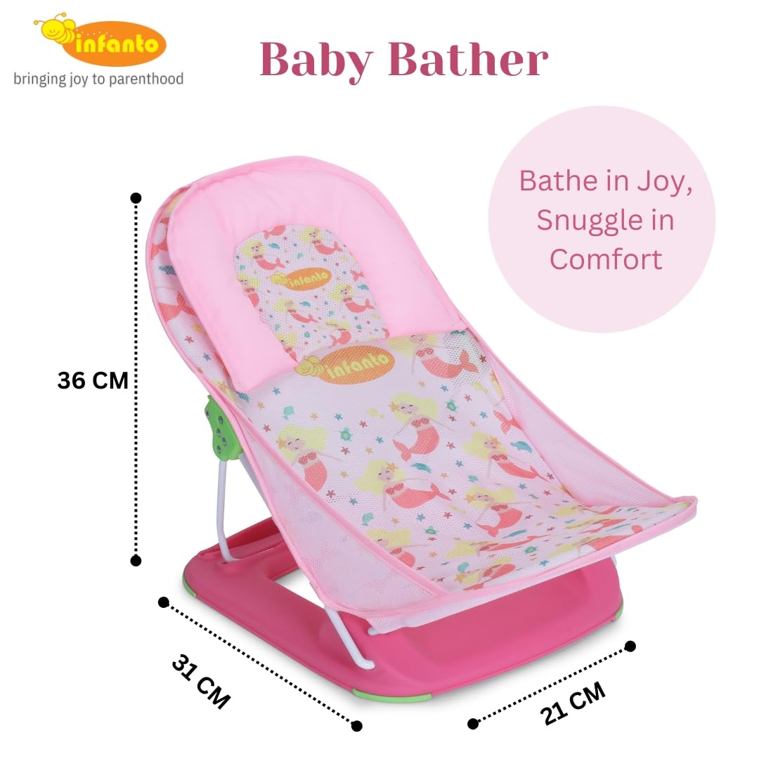 Infanto Baby Bather – Adjustable, Non-Slip & Foldable Bath Seat Chair for Newborns (0-12 Months) (Pink) - Image 4 thumbnail