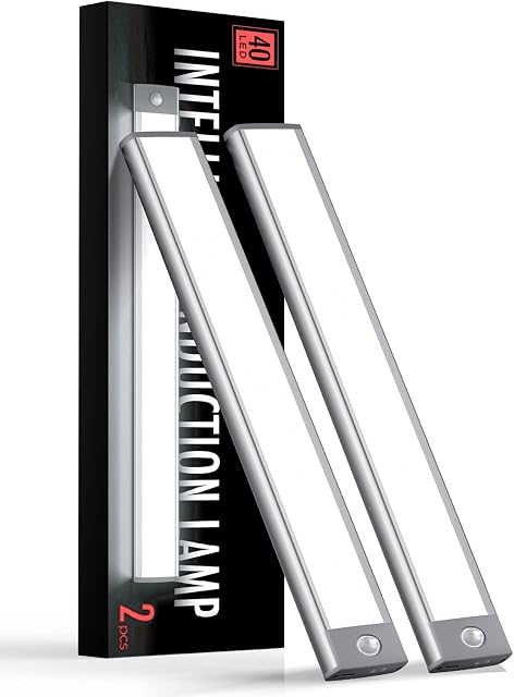 Under Éclairage de armoire, éclairage à batterie rechargeable avec 40 LED, Lumière de détecteur de mouvement sans fil à l'intérieur (8000K), 4 Modes Lumière de nuit, Stick-on magnétique lumières de placard pour la cuisine, Hallway(2 Boîte)