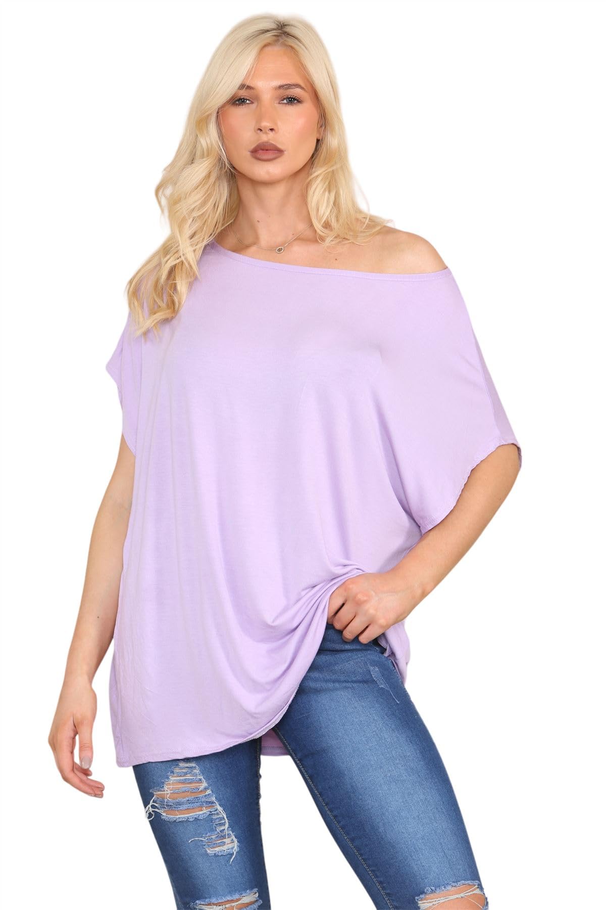 Hamishkane Women's Lilac Hamishkane® Bardot Baggy Style Oversized T Shirt For - New Plain Off The Shoulder Batwing Top, Fashionable Tops For Casual Party Wear