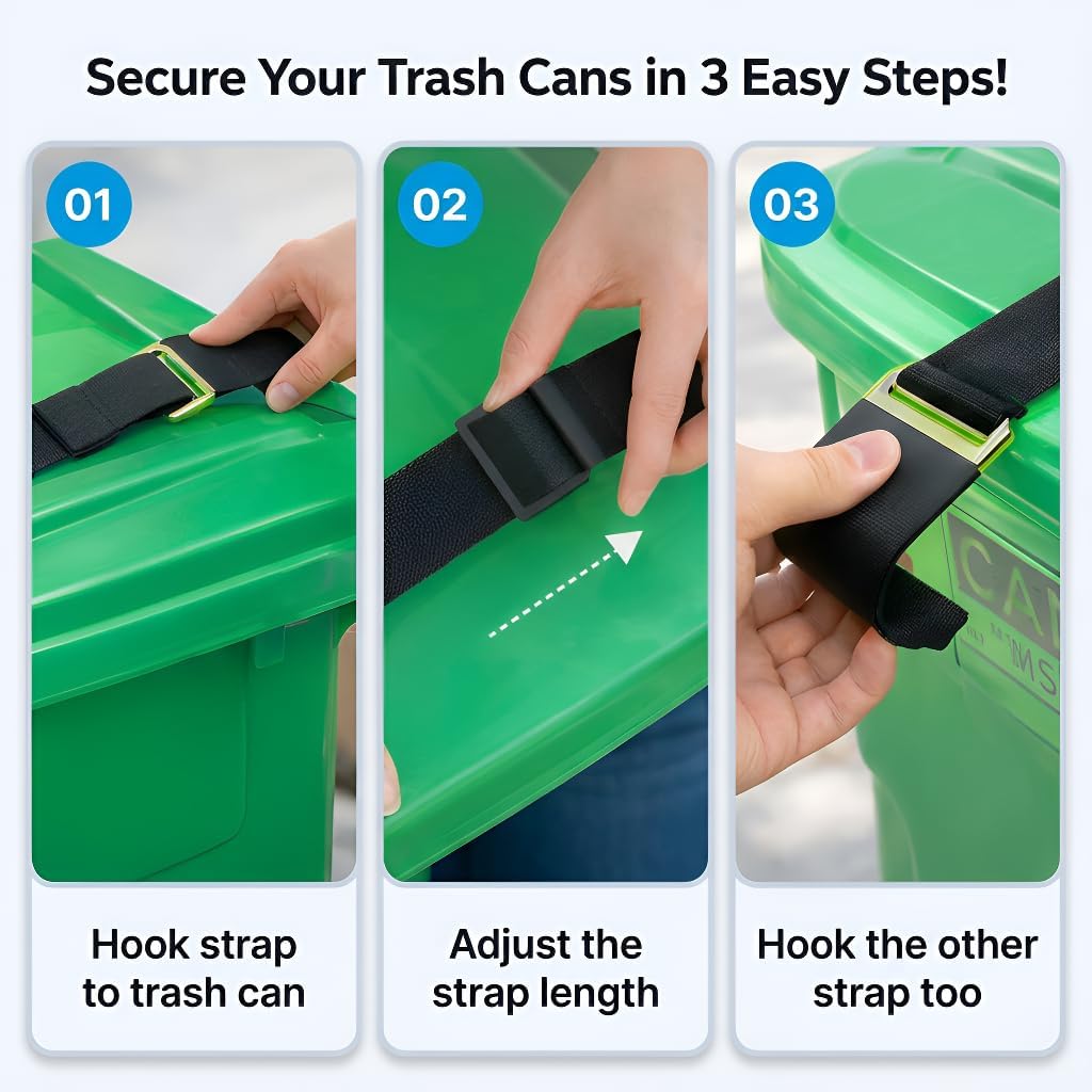 Premium 2X Outdoor Trash Can Locks for Animals Universelle Garbage Straps Lid Wheelie Bin Locks Enclosure Clips Out Raccoon Hide Outside Strap Resistant Security Critter Trashcan Deterrent
