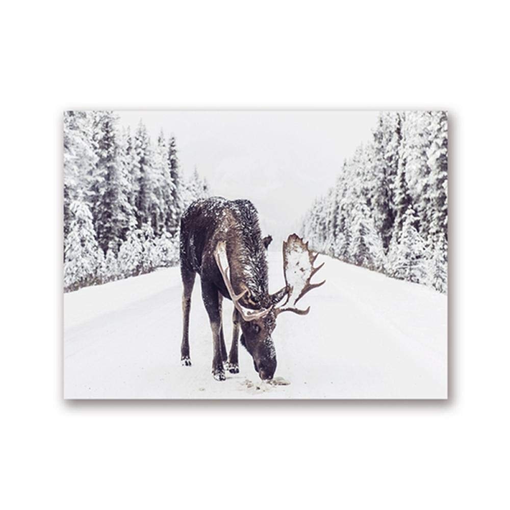 Canvas Wall Art Moose In Snow Print Winter Snowy Poster Art Canvas Picture Rustic Christmas Decor For Living Room Home Wall Decoration