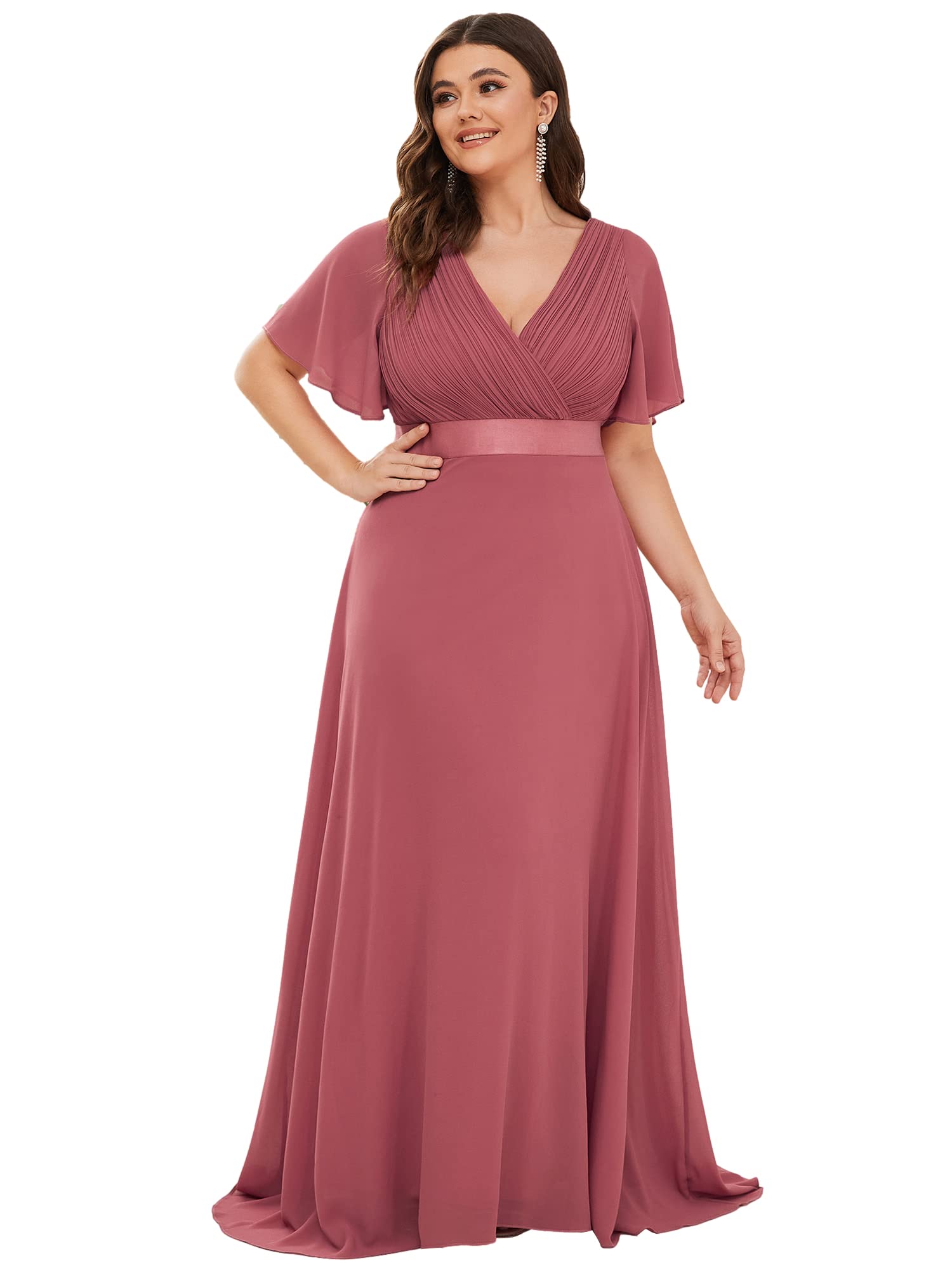 Ever-Pretty Women's Chiffon Formal Evening Dresses for Curvy Women V-Neck Plus Size Floor Length Bridesmaid Dress