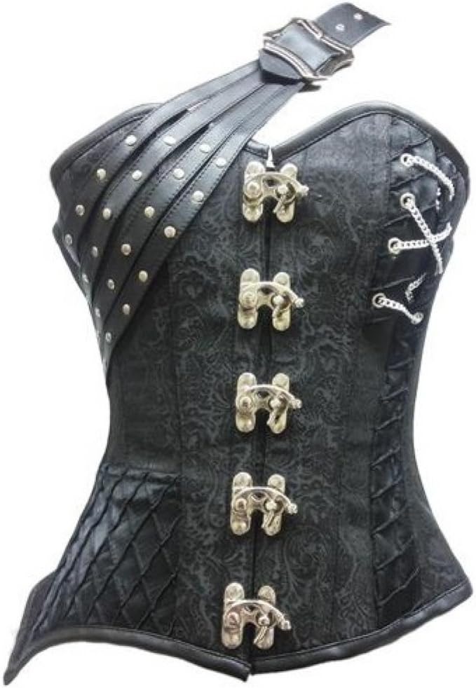 Black Brocade Gothic Leather Belt Steampunk Costume Overbust Corset Bustier Top