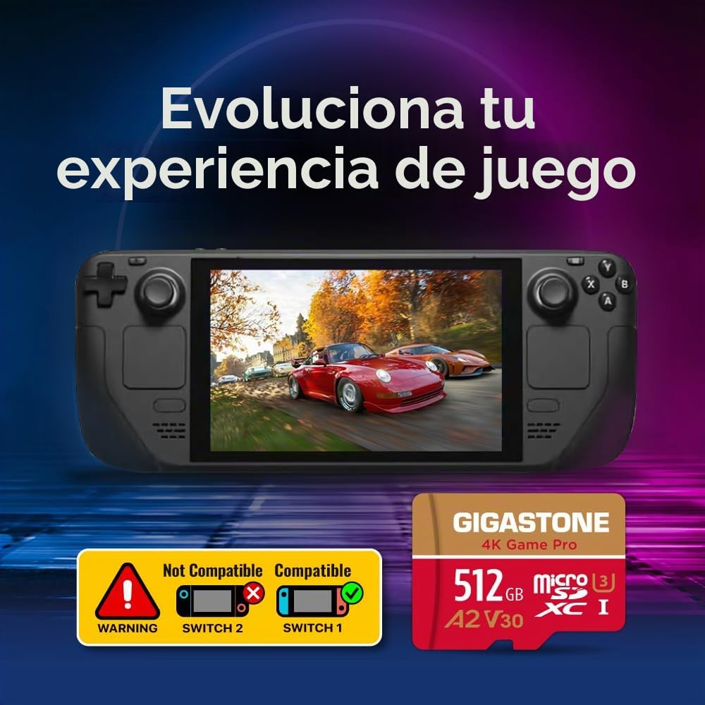【Solo para Switch 1】 GIGASTONE Tarjeta de Memoria 512 GB, 4K Game Pro, para GoPro Drone Switch 1, Velocidad 150/120 MB/s. Video 4K, A2 U3 V30 con Adaptador SD【5 Años de Recuperación de Datos Gratis】