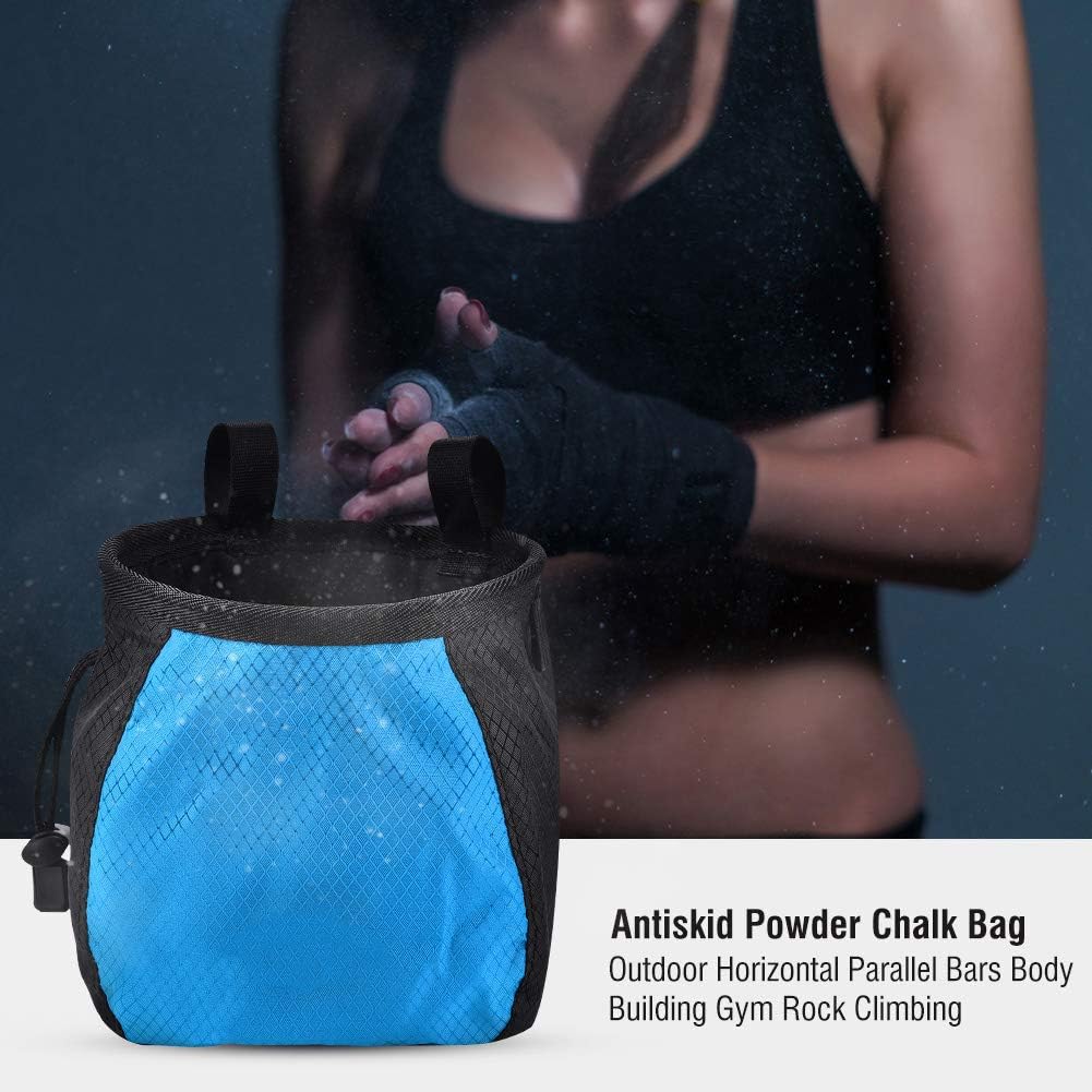 Rock Climbing Bag, Horizontal Parallel Bars Body Building Gym Draw String Closure Antiskid Powder Chalk Bag for Bouldering, Weightlifting, Gymnastics