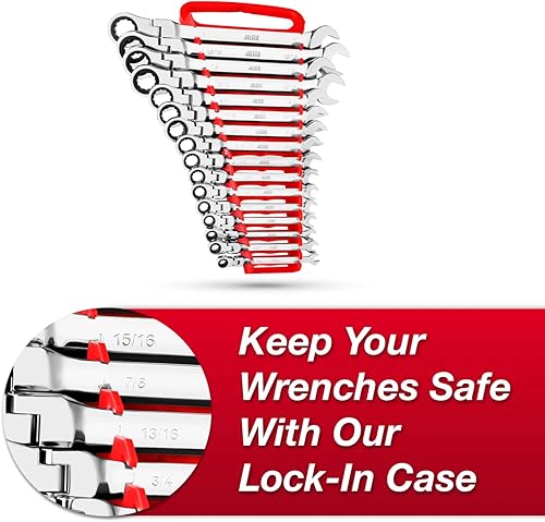 Miniatura 4 de Jaeger - Juego de llaves de 16 piezas combinadas reversibles de trinquete SAE en pulgadas y estante con bloqueo, juego maestro con llaves de