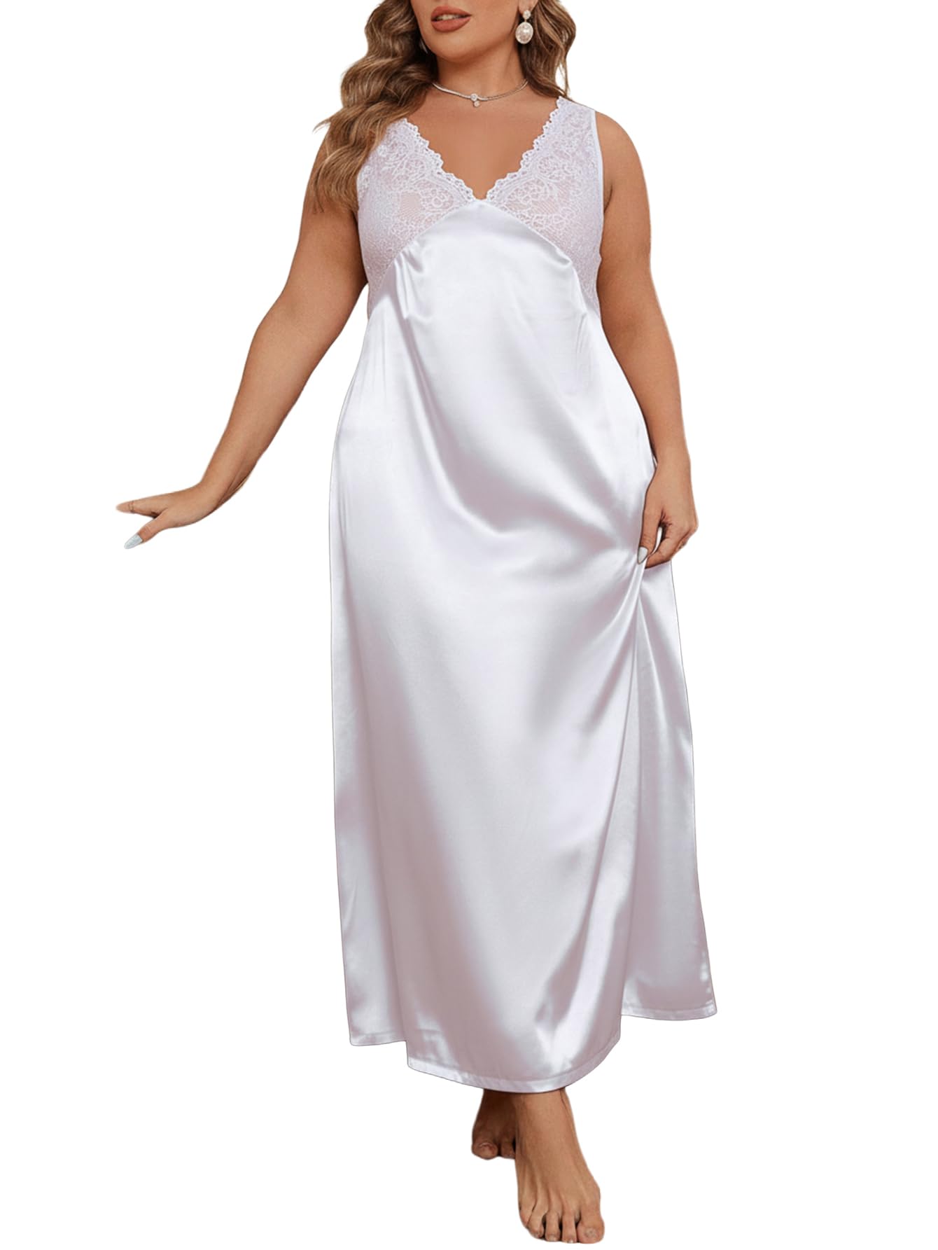 View 1 of [DAMAGED & USED] WDIRARA Women's Plus Size Satin Nightgown Double V Neck Lace Backless Long Lingerie Nightdress White XX-Large Plus
