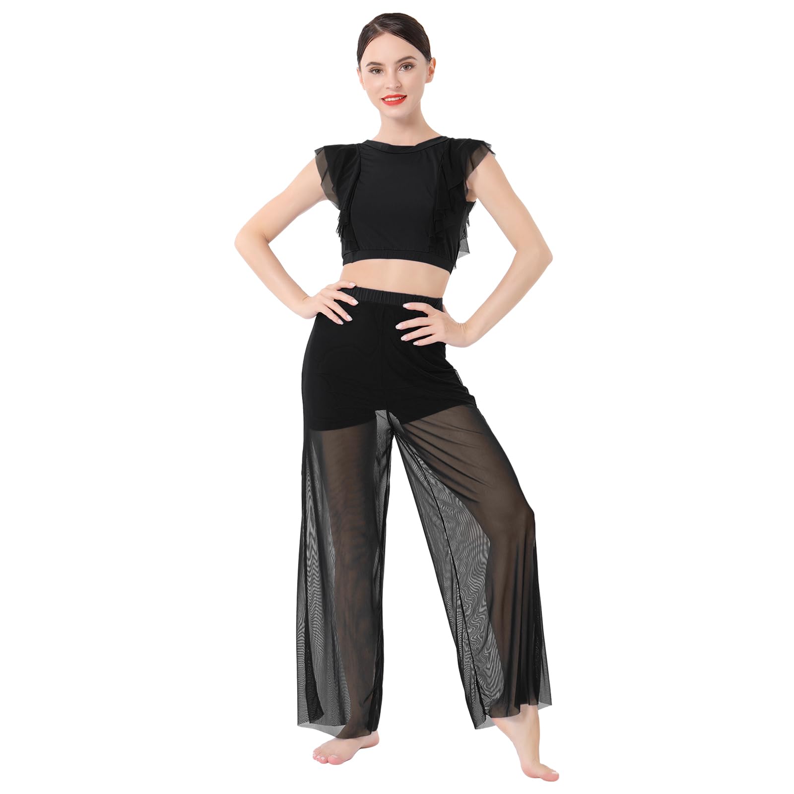 AFAVOM Lyrical Tanzkleid für Damen, modernes zeitgenössisches Tanzkostüm, Chiffon, bauchfreies Top + Netzhose, Balletttrikot-Outfit