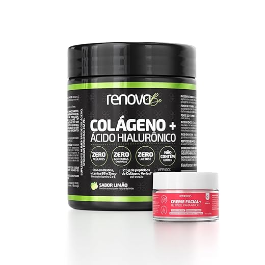 Renova Be 1 Pote Colágeno Verisol com Ácido Hialurônico e Biotina (216 Gramas, Sabor Limão) + 1 Creme Retinol Noite
