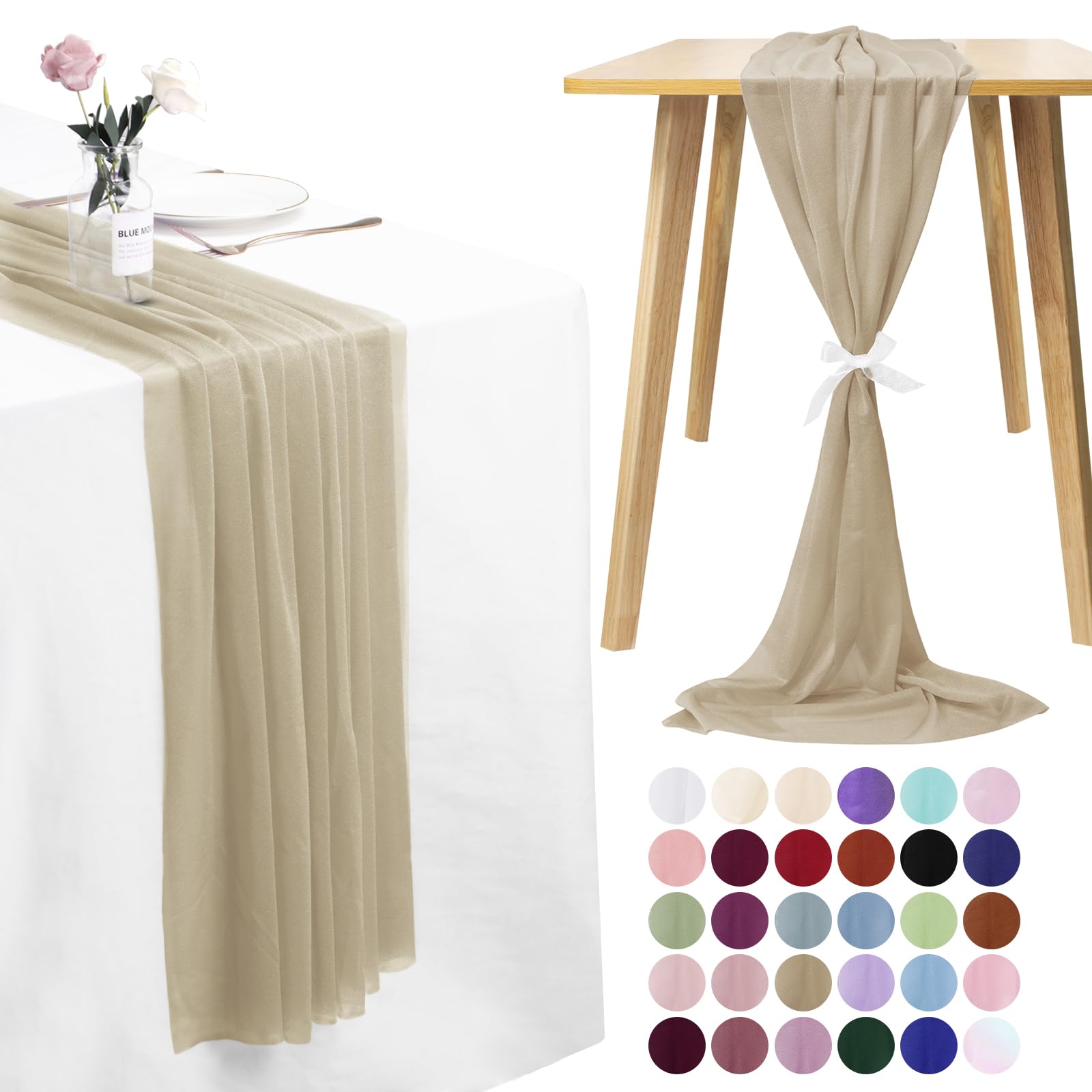 LEREATI Cheesecloth Table Runner Dark Champagne Chiffon Table Runner 75cm x 300cm Gauze Sheer Table Runner Tulle Cheese Cloth Tablerunner for Party, Wedding, Christmas, Shower Decorations