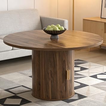 Extendable Dining Table, Modern Circle Kitchen Table for 4 to 6 People, Rustic Dining Room Table with Storage Shelf, Extendable Table Top, Extendable to Oval, 110-150 cm,Pedestal Base