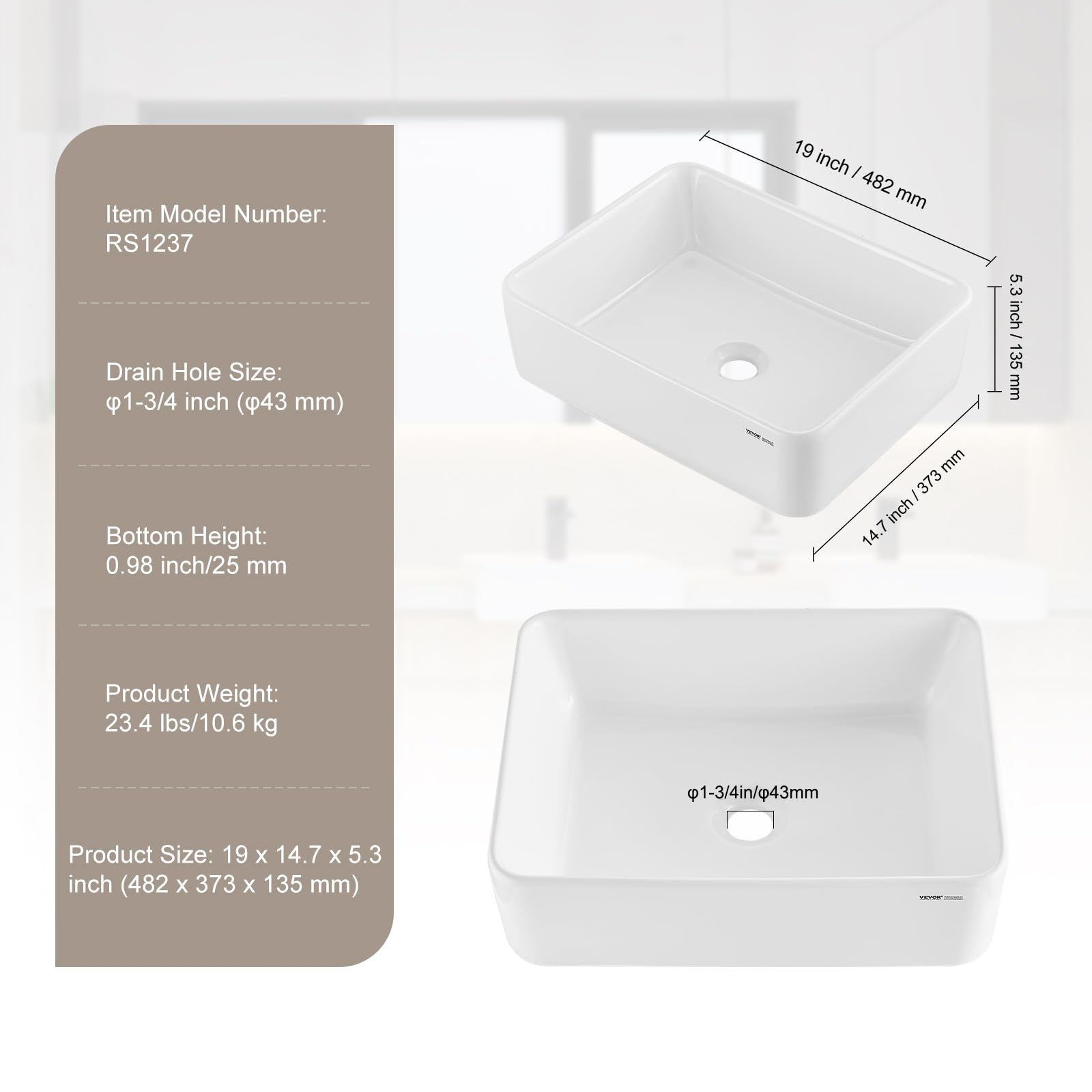 VEVOR Lavabo Rectangular, Lavabo de Cerámica Engrosada Blanca Brillante para Baño sobre Encimera, Estilo Moderno, Elegante y Luminoso, Perfecto para Baño, Hotel, Inodoro, 482 x 373 x 135 mm, φ 43 mm