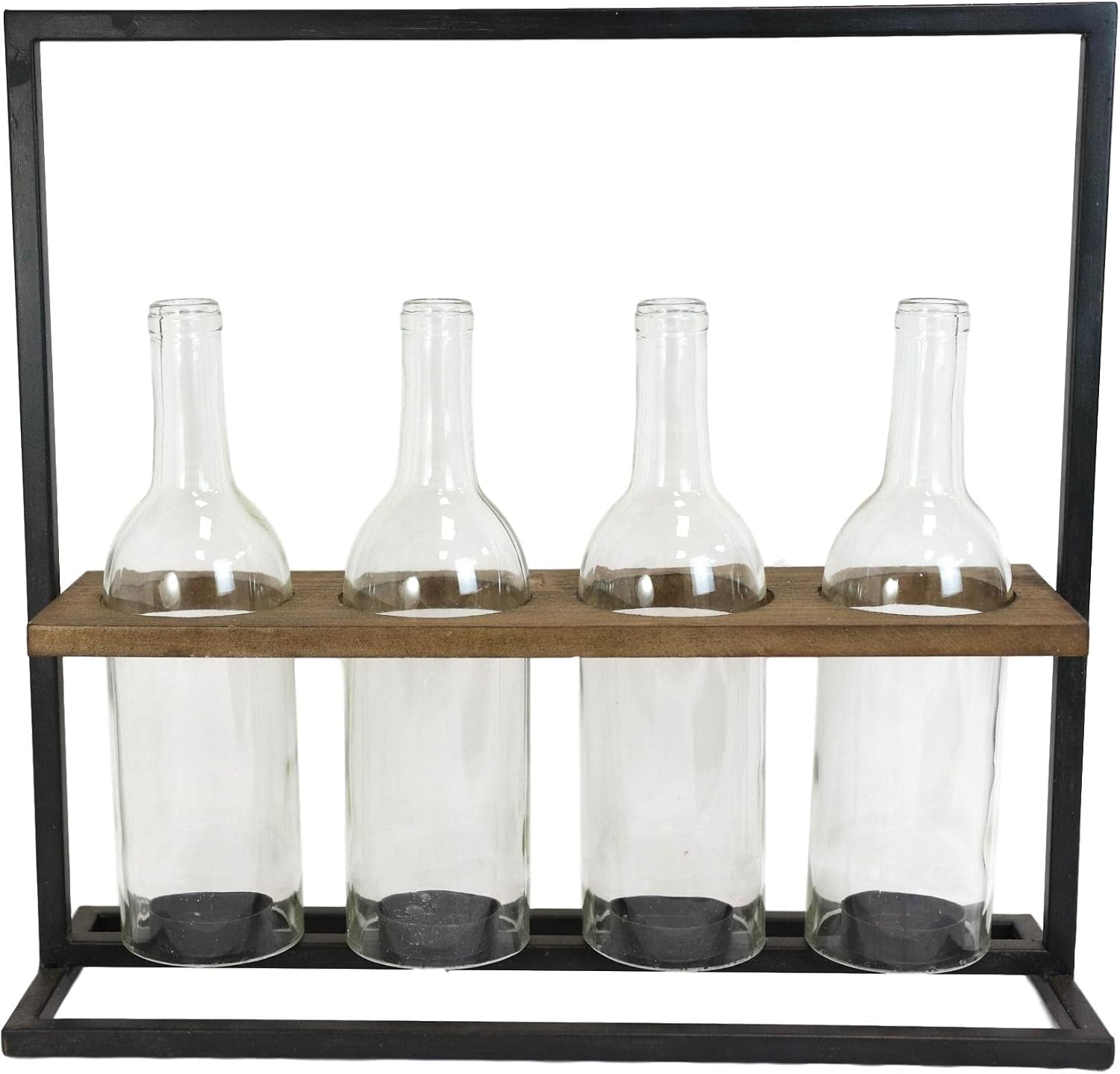 Ebros Gift Rustic Western Farmhouse Barnyard Wooden Style Black Cast Iron Metal Stand 4 Old Fashioned Bottles Decorative Votive Tealight Candles Candleholder Candle Holder Warm Country Accent