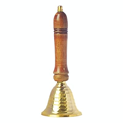 Pure Source India Brass Pooja Bell, with Wood Handle (6.5 inch, Gold)