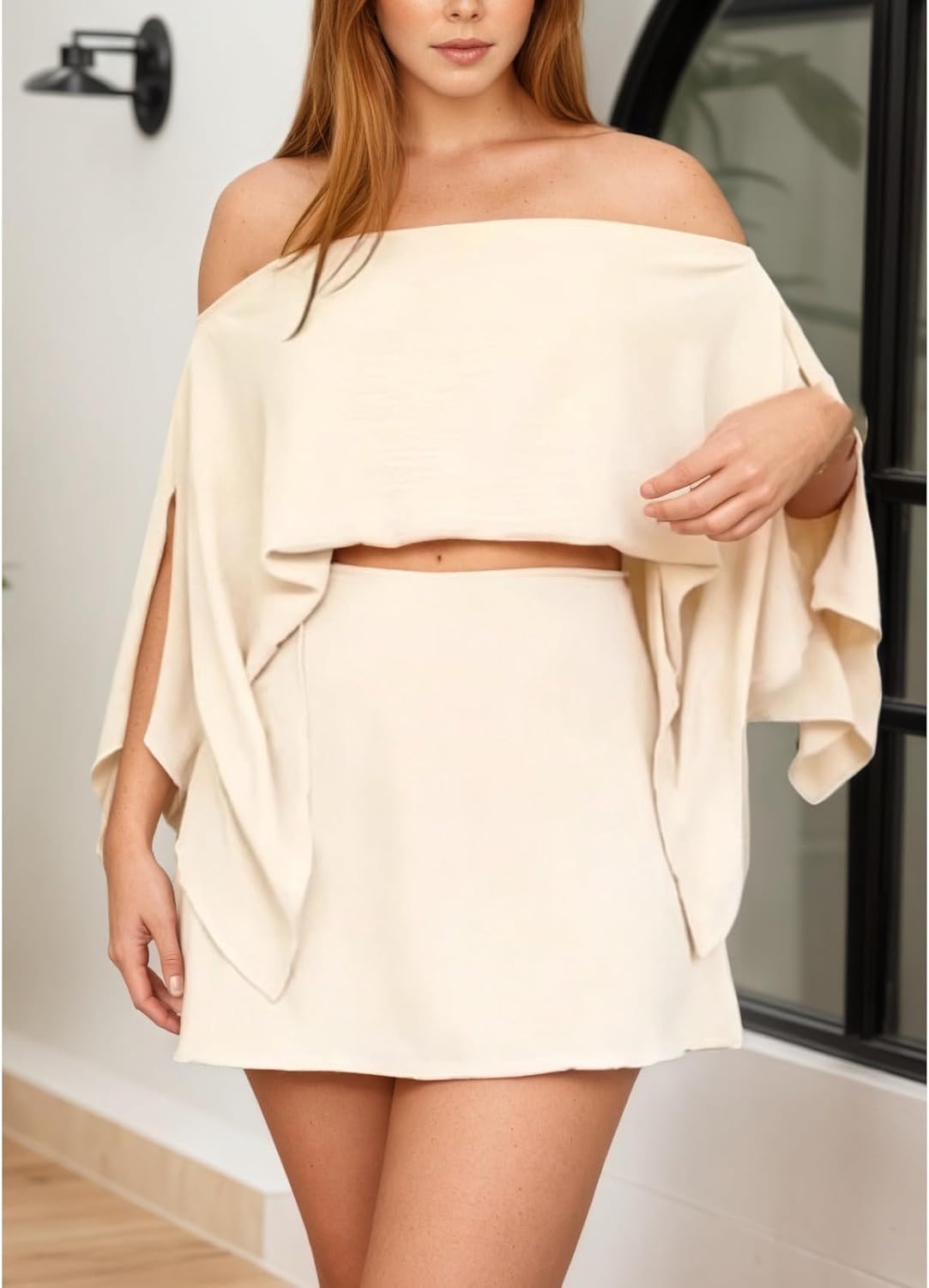 Off The Shoulder Top Two Piece Sets for Women Batwing Sleeve Top Pants Skirt Y2k Casual Trendy Vacation Club Wear