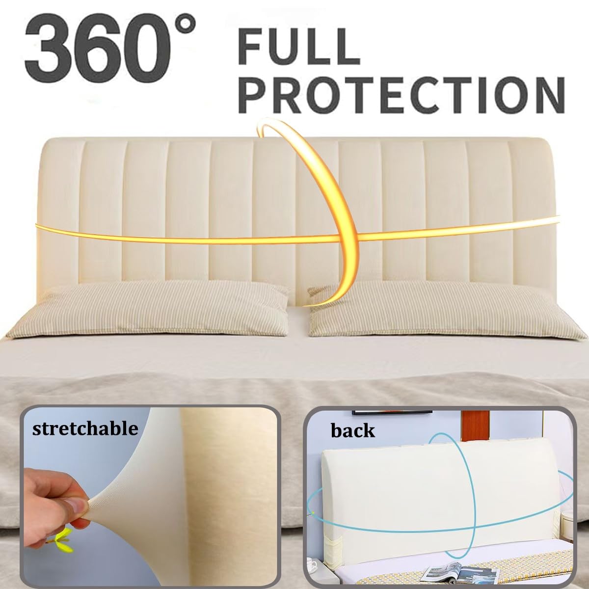 Housse Tête De Lit 120/150/160/200, Couverture De Tête De Lit,Velours Tissu Extensible Matelassé Épaissir,Anti-poussière Lavable Housse De Protection(Beige,200x70cm)