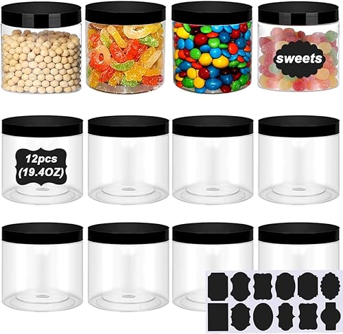 LOSYHU Tarros de plástico de 19.4 onzas con tapas, paquete de 12 tarros grandes de plástico para limo, recipientes redondos transparentes con tapas