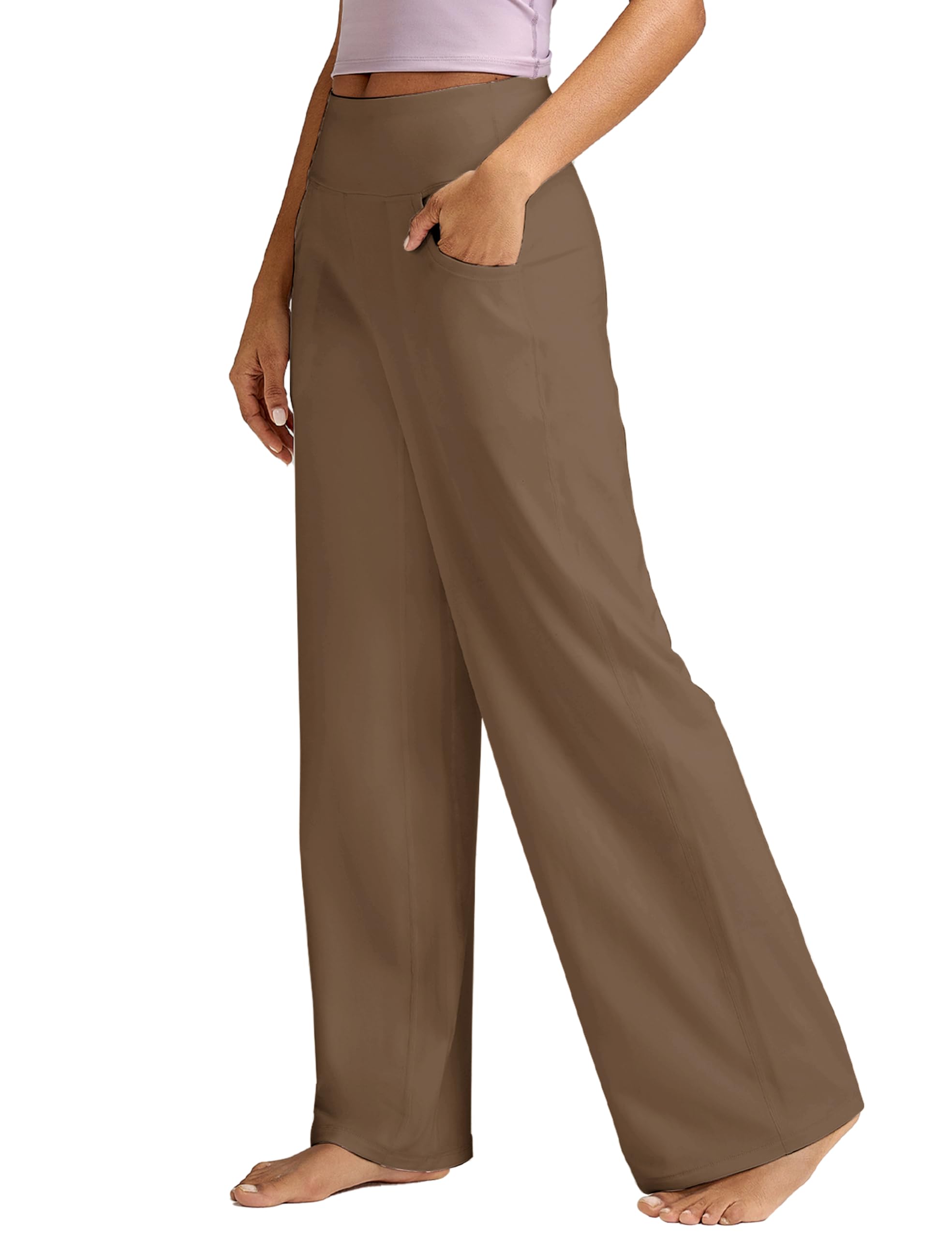 High Waisted Loose Wide Leg Yoga Pants for Women with Pockets Stretchy Work Casual Pants Petite XX-Large Mocha