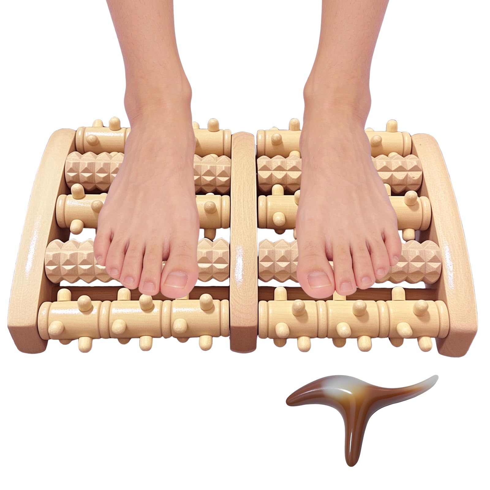 Juego de masajeador de pies 2 en 1 de madera, rodillo de masaje de pies de madera con 108 zonas reflejas y herramienta de masaje, rodillo de masaje de pies y reflexologÃa para relajación y bienestar