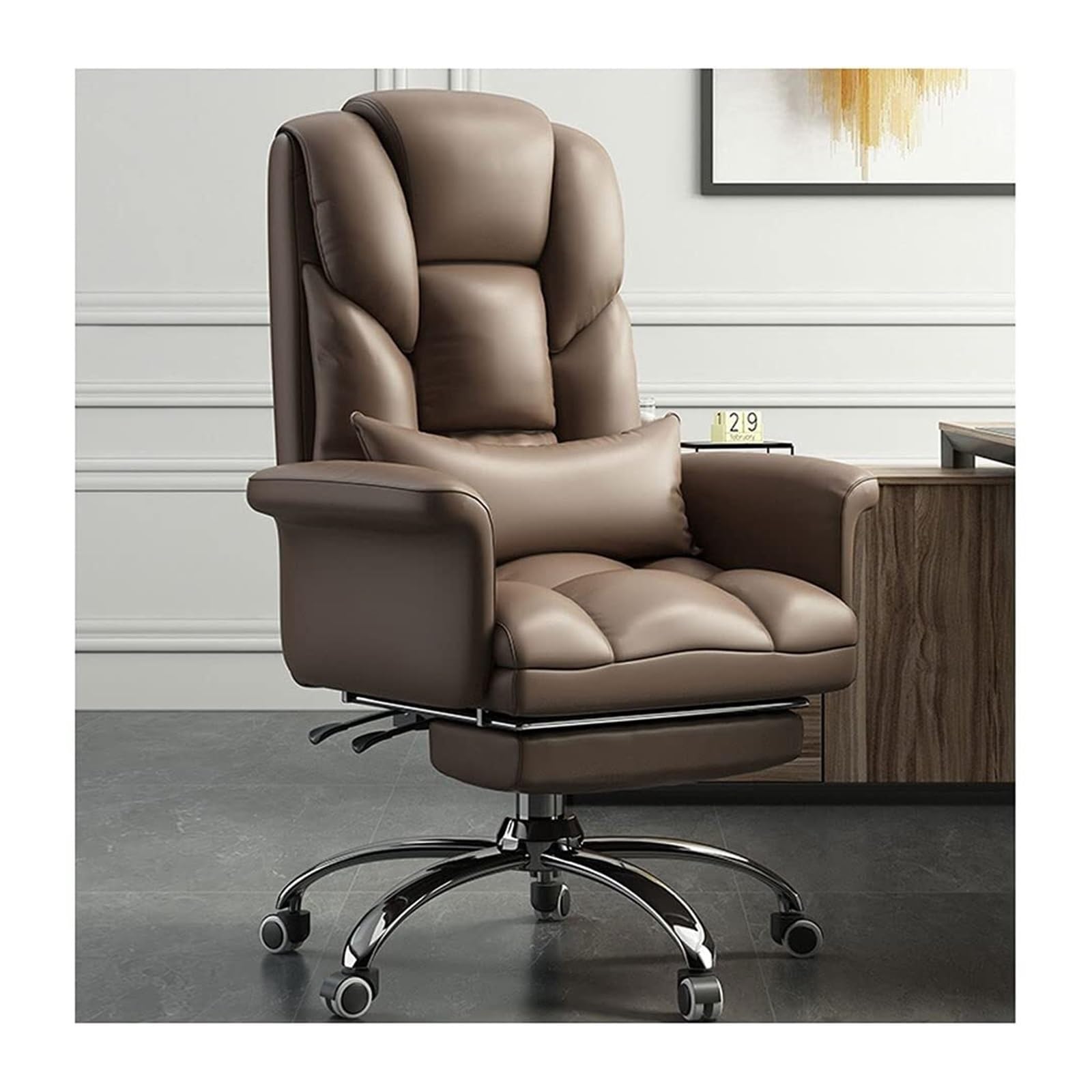 HTTGDGDH High Back Executive Chair - Pu Leather Office Chair With Swivel Rocking Function Adjustable Height & Footrest - Ergonomic Support For Home & Office Brown,Brown+footrest