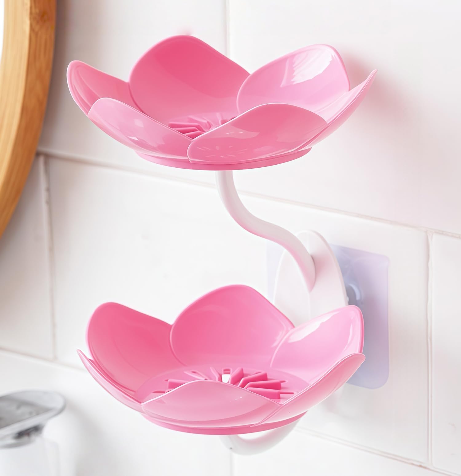 Soap Dish Holder for Shower Bar Double Layer Cute Lotus Shape Adhesive Tray Sink Wall Mounted Shampoo NO-Drilling