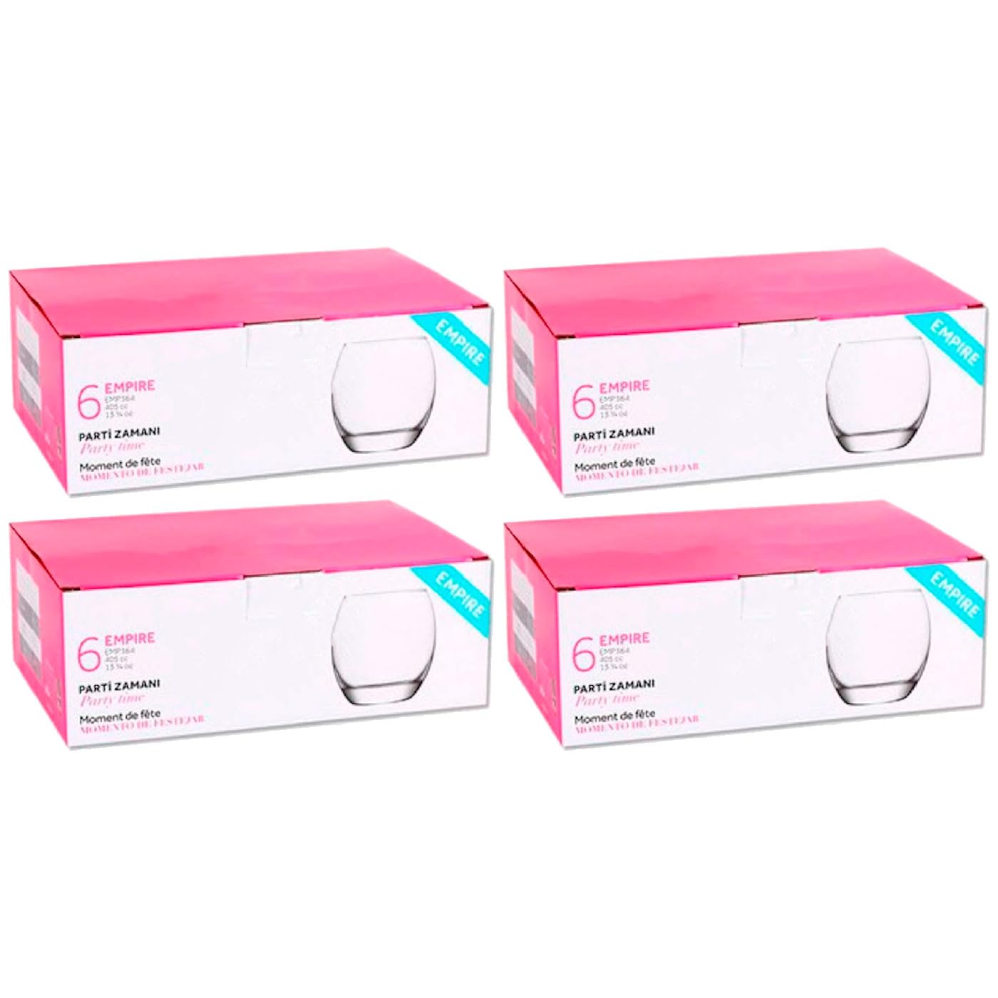 Acan Tradineur - Pack de 4 Cajas de 6 Vasos Modelo Empire - Capacidad: 405 ml - Fabricado en Vidrio Resistente - Apto para lavavajillas - Tamaño aprox: Ø 7 x 9,5 cm - 24 Uds Totales