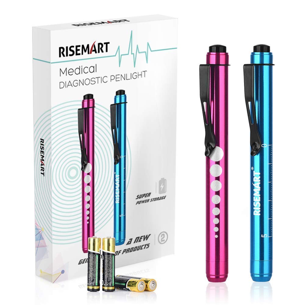 Penlight RISEMART Nurse Diagnostic Reusable LED Pen and Light with Pupil Gauge Measurements for Nursing Students Doctors with Pocket Clip Included 4 * AAA Batteries(Red and Blue)