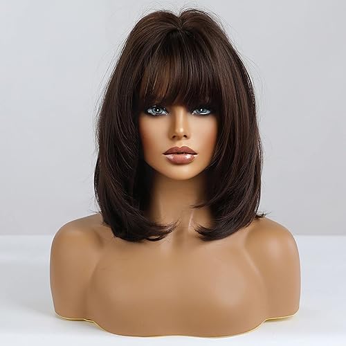 Miniatura 5 de HAIRCUBE Peluca corta marrón con flequillo, pelucas de longitud al hombro para mujer, pelucas cortas onduladas para mujer, pelucas sintéticas de