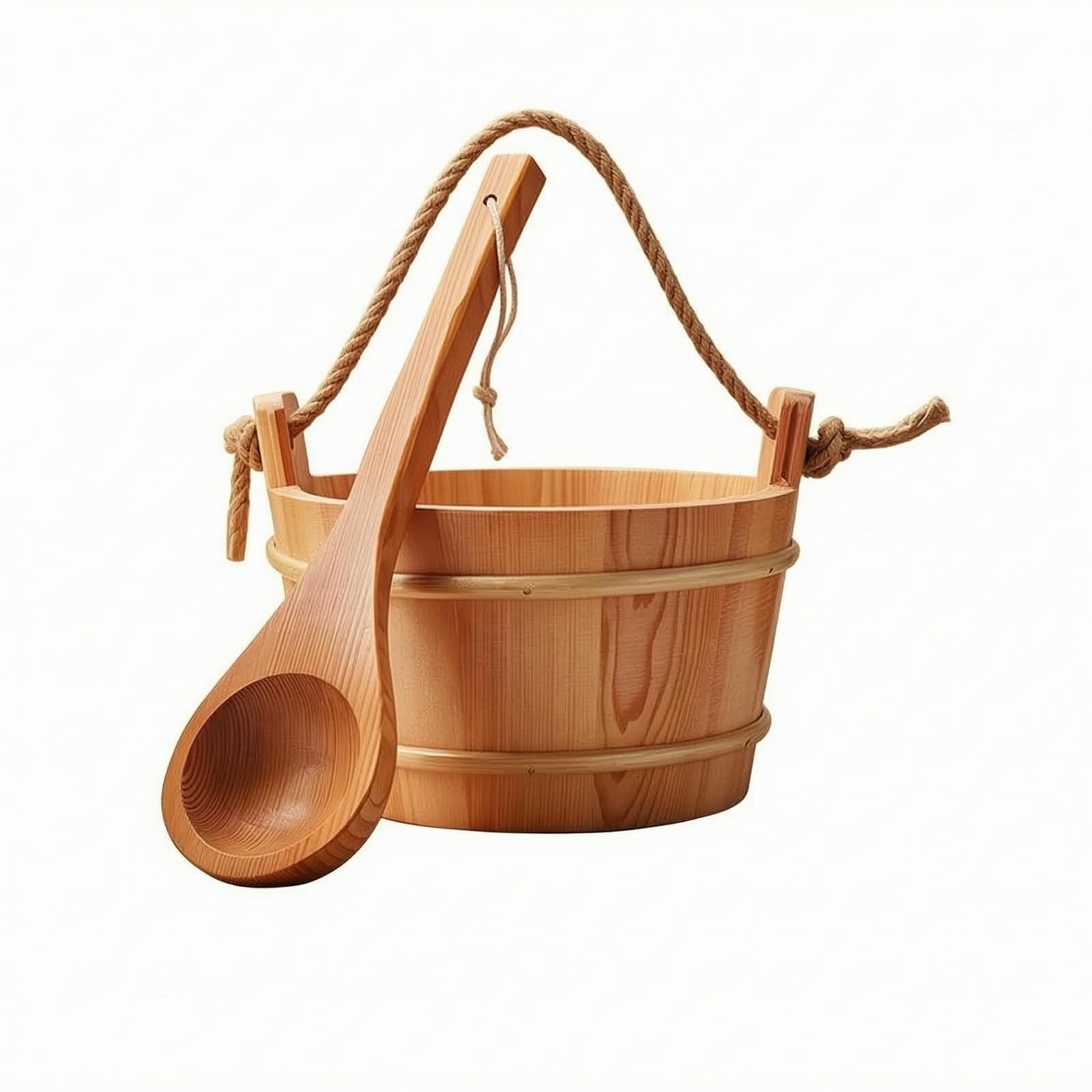 Natural Wood Grain Red Cedar Sauna Pail Reinforcing Bands Sauna Pail and Ladle Set Open Top Wellness Item Light Brown Finish, 6L Wooden Bucket | Home & Garden-image-5