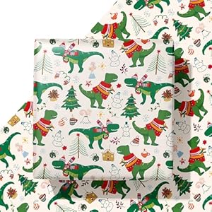 WAPLIGHAL Papel de regalo de dinosaurio de Navidad, papel de regalo con bonitos dinosaurios, árboles de Navidad y muñecos de nieve, 28 x 40 pulgadas, perfecto para niños, vacaciones y amantes de los