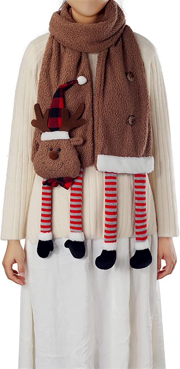 Christmas Cute Reindeer Scarf, Unisex Winter Warm Flannel Long Scarf Xmas Scarf, Cartoon Shawl Scarf with Elk Doll