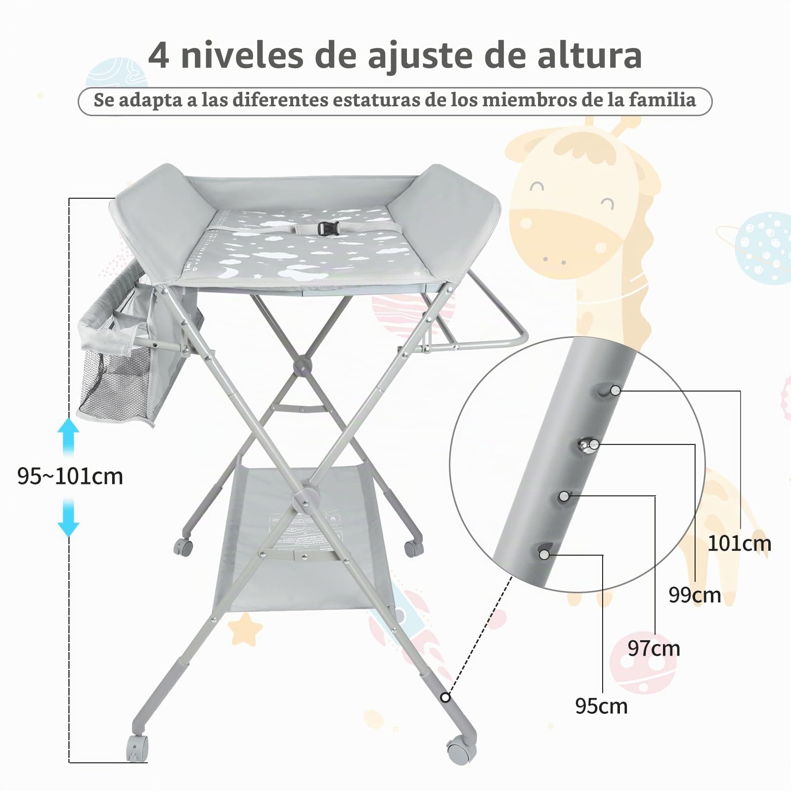 OHMG Cambiador Plegable para Bebé con Ruedas, Móvil con Cinturón de Seguridad y Compartimentos de Almacenamiento, Resistente al Agua y Altura Ajustable, Estable