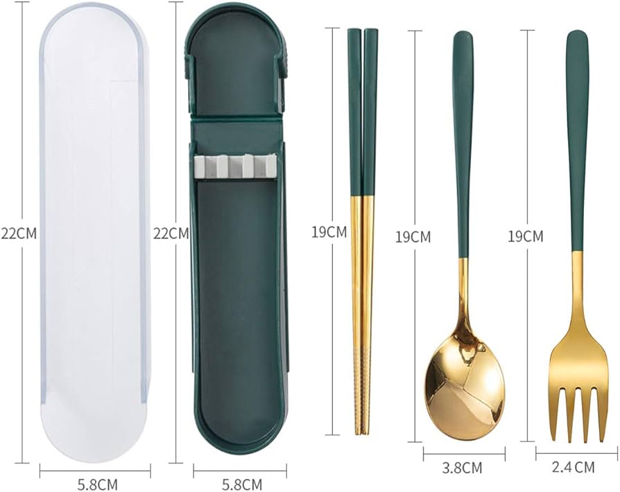 bohaojp食器スプーンフォーク箸持ち運びに便利な3点カトラリーセット携帯電話ホルダーとしても便利で実用的 (みどり)
