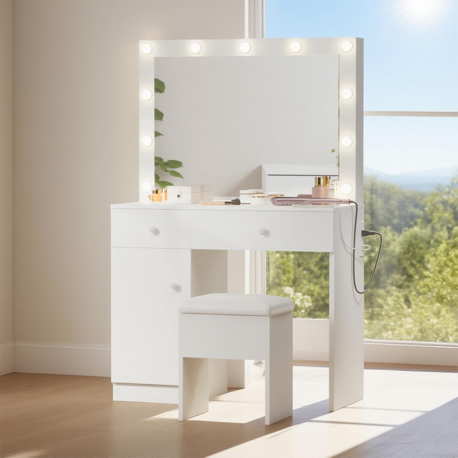 Haewon Makeup Vanity Desk with Lighted Mirror, White Vanity with Chair Power Outlet Drawers Cabinet, Dressing Table Set with 3 Lighting Modes for Bedroom