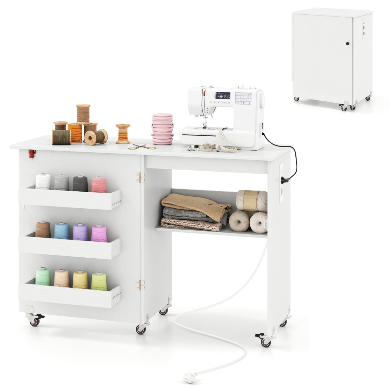 LIFEZEAL Mesa de Coser Plegable con Base de Carga, Armario de Máquina de Coser Móvil con Estante y Cajones, Armario de Costura Multifuncional con Ruedas para el Hogar y la Oficina (Blanco)