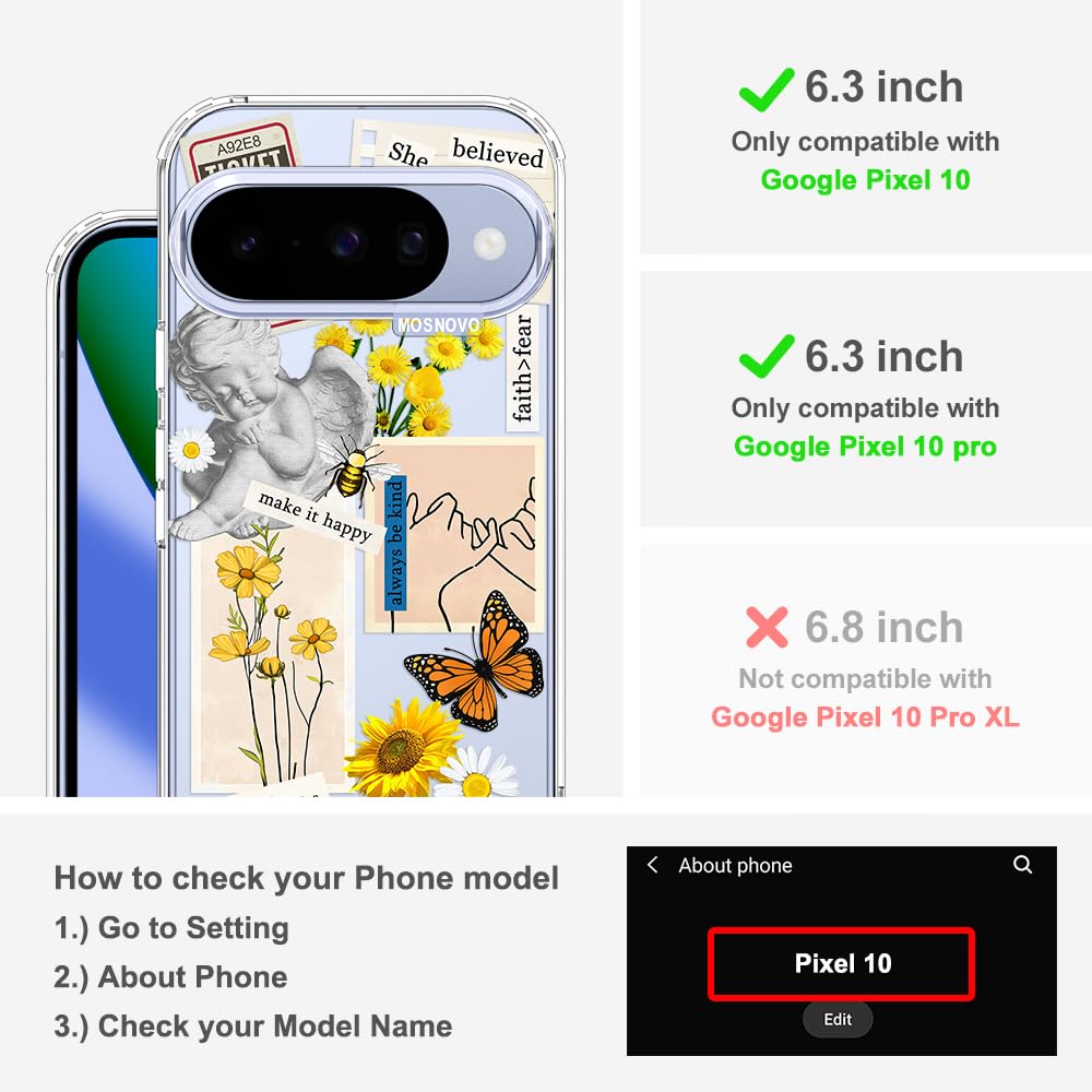 MOSNOVO Case for Google Pixel 10 & Pixel 10 Pro, [Buffertech 6.6ft Military-Grade Drop Protection] [Anti Peel Off Tech] Clear TPU Bumper Phone Case Cover Design - Cute Cherry — view 35