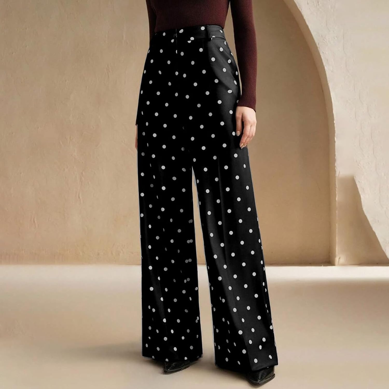Women's Dressy Casual Pants Fashion Polkadot Printed High Waist Loose Comfy Wide Leg Sweatpants with Pockets