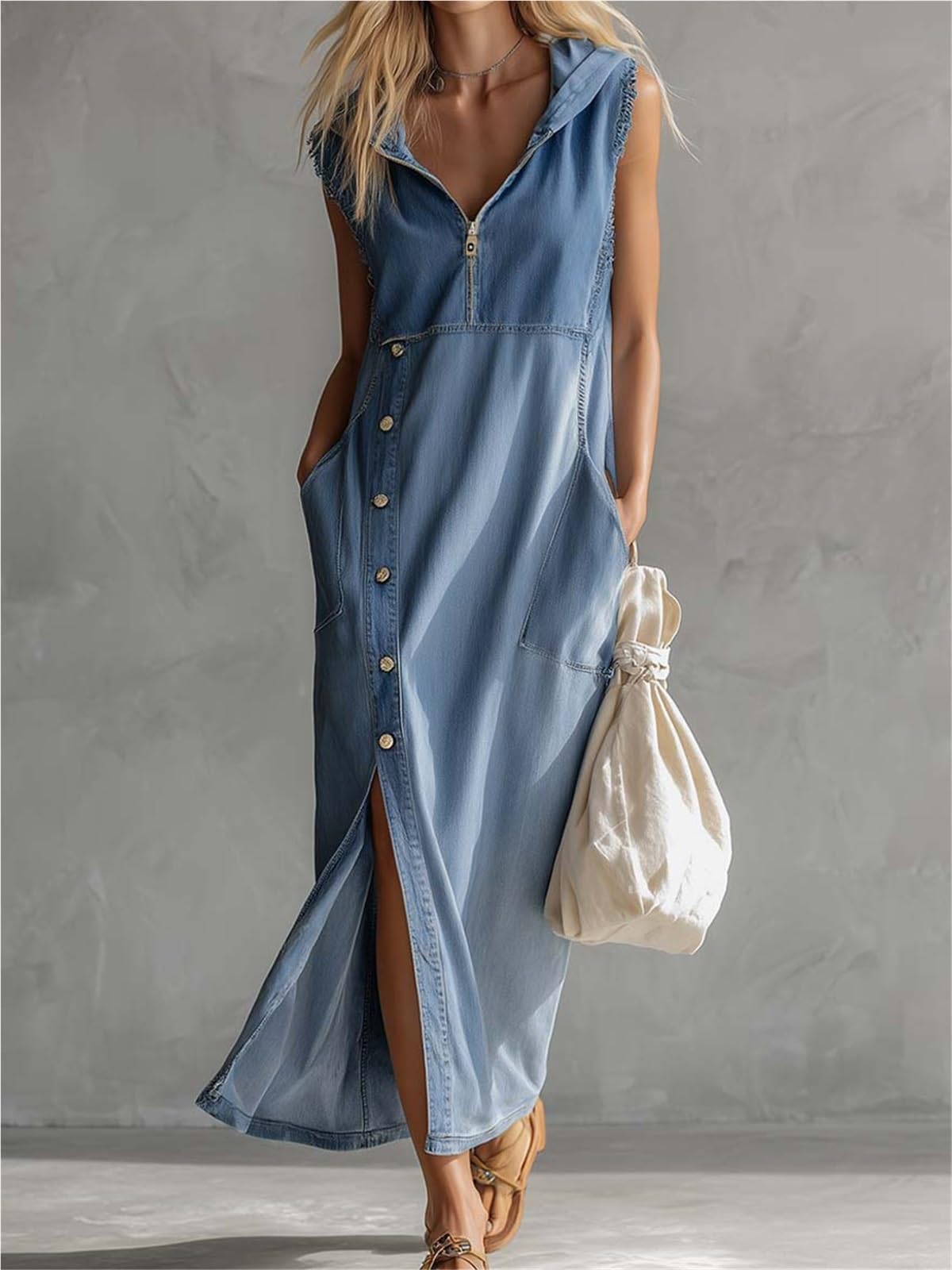 Vestido de verano sin mangas para mujer, vestido camisero casual, vestido largo suelto con abertura