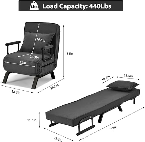 Miniatura 39 de Haddockway Sofá cama para una sola persona, sofá cama convertible tumbona, sillón plegable con almohada y respaldo ajustable de 5 posiciones, cama