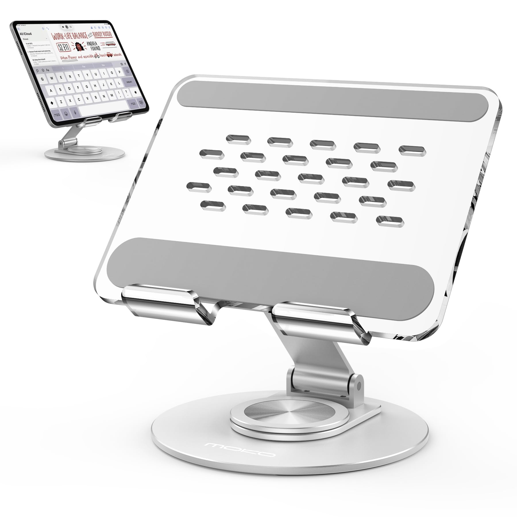 MoKo Acrylic Tablet Stand Holder - Adjustable iPad Stand with Aluminum 360° Rotating Base, Compatible with 4.7-12.9inch Device Such as iPad Pro 12.9, iPad Pro 11/10.9/10.2, iPad Air/Mini, Clear+Silver