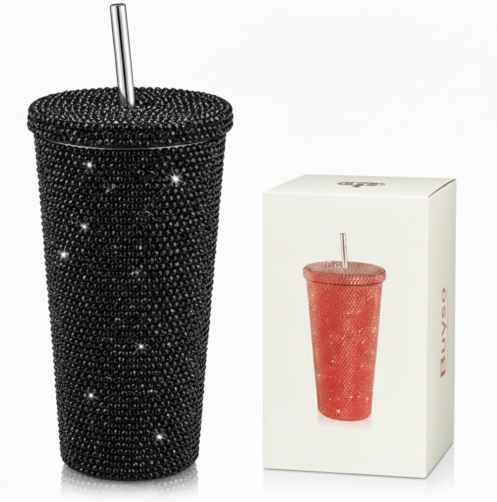 Studded Diamond Tumbler Bling Rhinestone Glitter Thermal with Lid Reusable Insulated Stainless Steel Bling Premium Vacuum Cup Aesthetic Water Bottle Gift (Black, 16.9 oz / 500 ml)