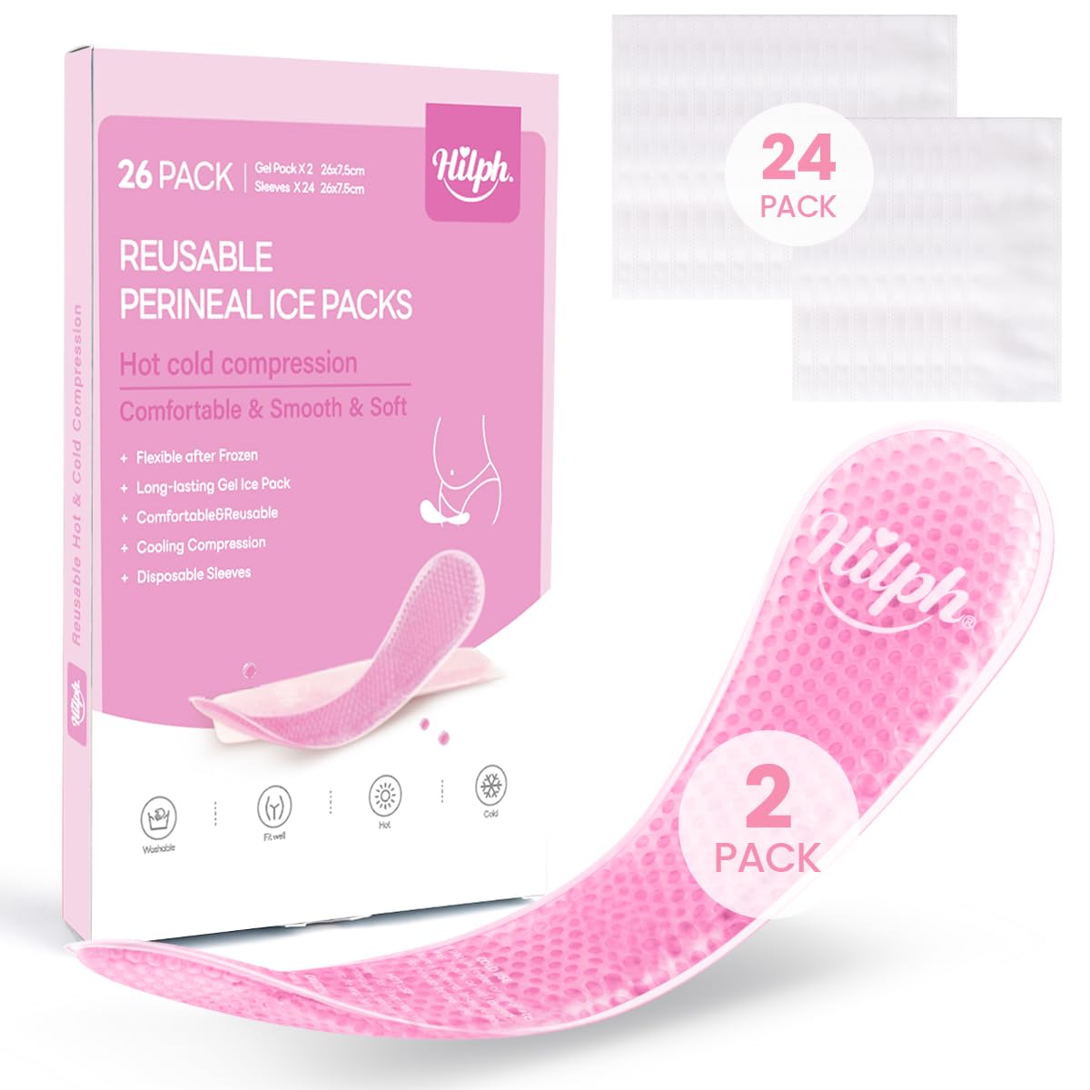 Hilph 2 Compresas frio Postparto Reutilizable con 24 Fundas Desechables