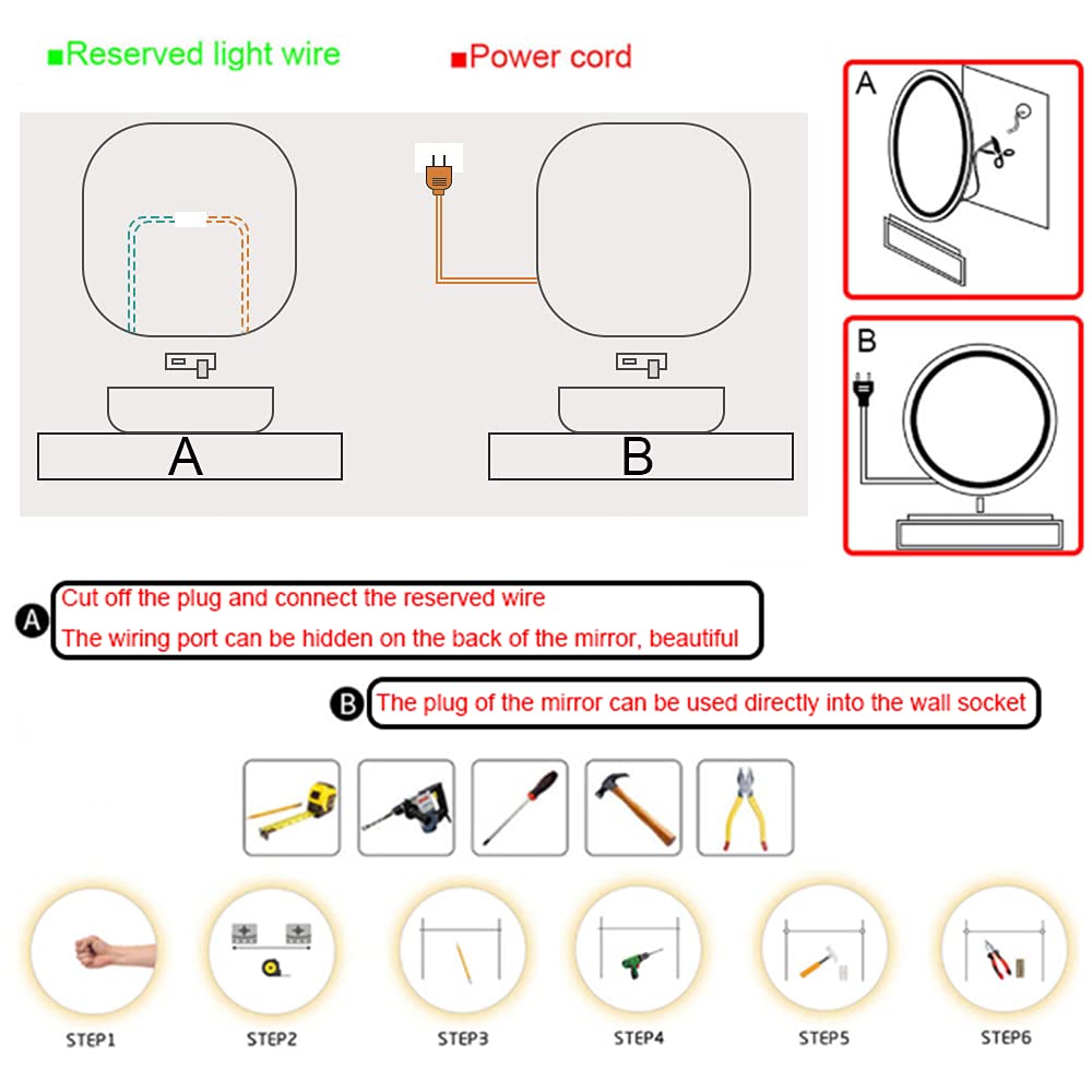 Lustro z podświetleniem, podświetlane diodami LED Domowe lustro łazienkowe Dekoracje ścienne Naścienne lustro do makijażu/łazienki, Smart Touch Naścienne bezramowe lustro do makijażu z diodami LED,