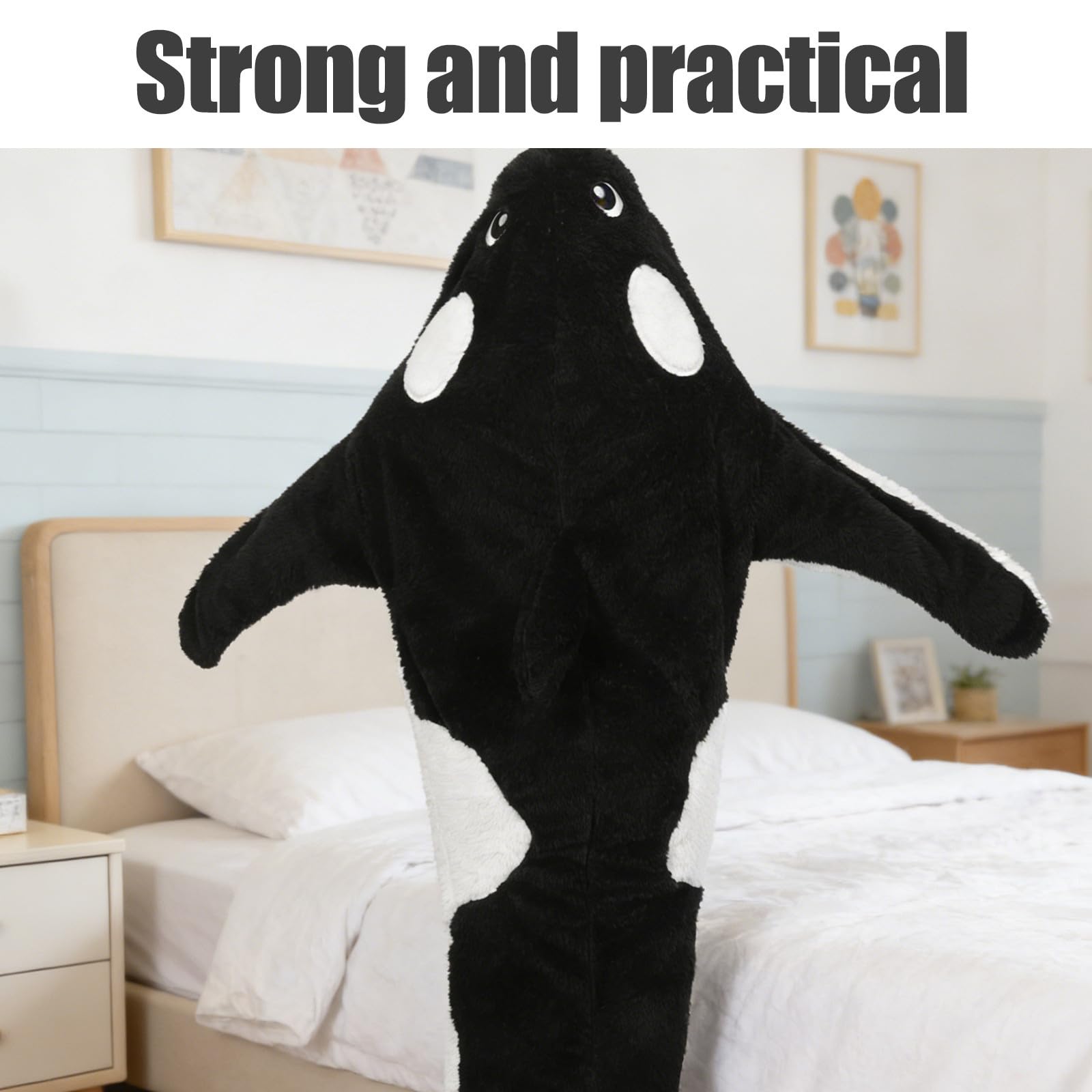 FRCOLOR Pigiama Intero Versatile e Facile da Indossare in Peluche Donna Nero Cappuccio a Forma di Balena Cartoon per Serate Accoglienti Invernali