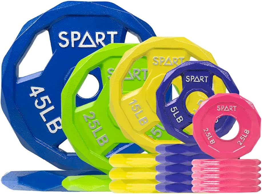 SPART Color Coded Weight Plate 2-Inch Cast Iron Tri-Grip Plate for Barbell,Solid Cast Iron Olympic Weight Plates for Strength Training, Weightlifting, Crossfit, 2.5/5/10/15/25/35/45LB, Single/Pair/Set