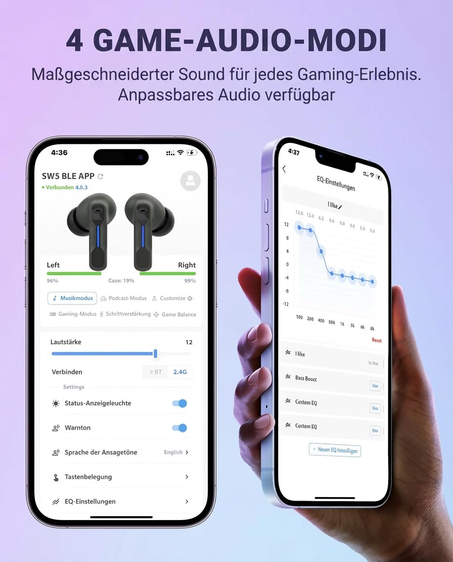 SW4 Pro Gaming In-Ear Kopfhörer mit Mikrofon, kabellos, 2,4G Dongle + Bluetooth Dual-Modus, 20 ms Ultra-Low-Latency, kompatibel mit PS5, PlayStation, Desktop & Laptop PC, VR